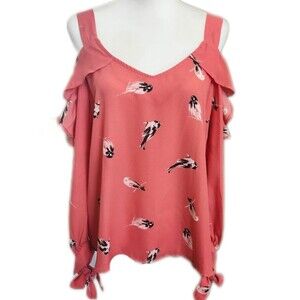 Lily White cold shoulder coral pink top with white/black bird pattern - Small